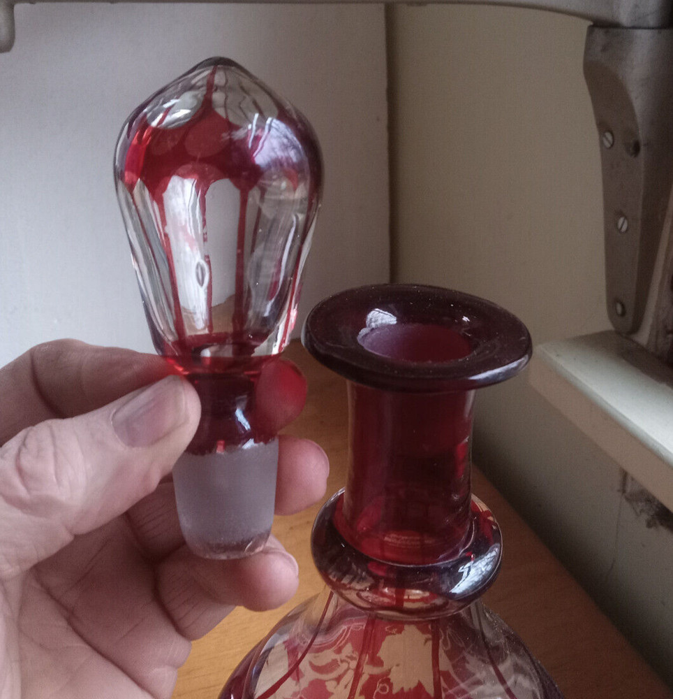 OPEN PONTIL RUBY RED STAINED CUT TO CLEAR WINE BOTTLE ORIGINAL MATCHING STOPPER