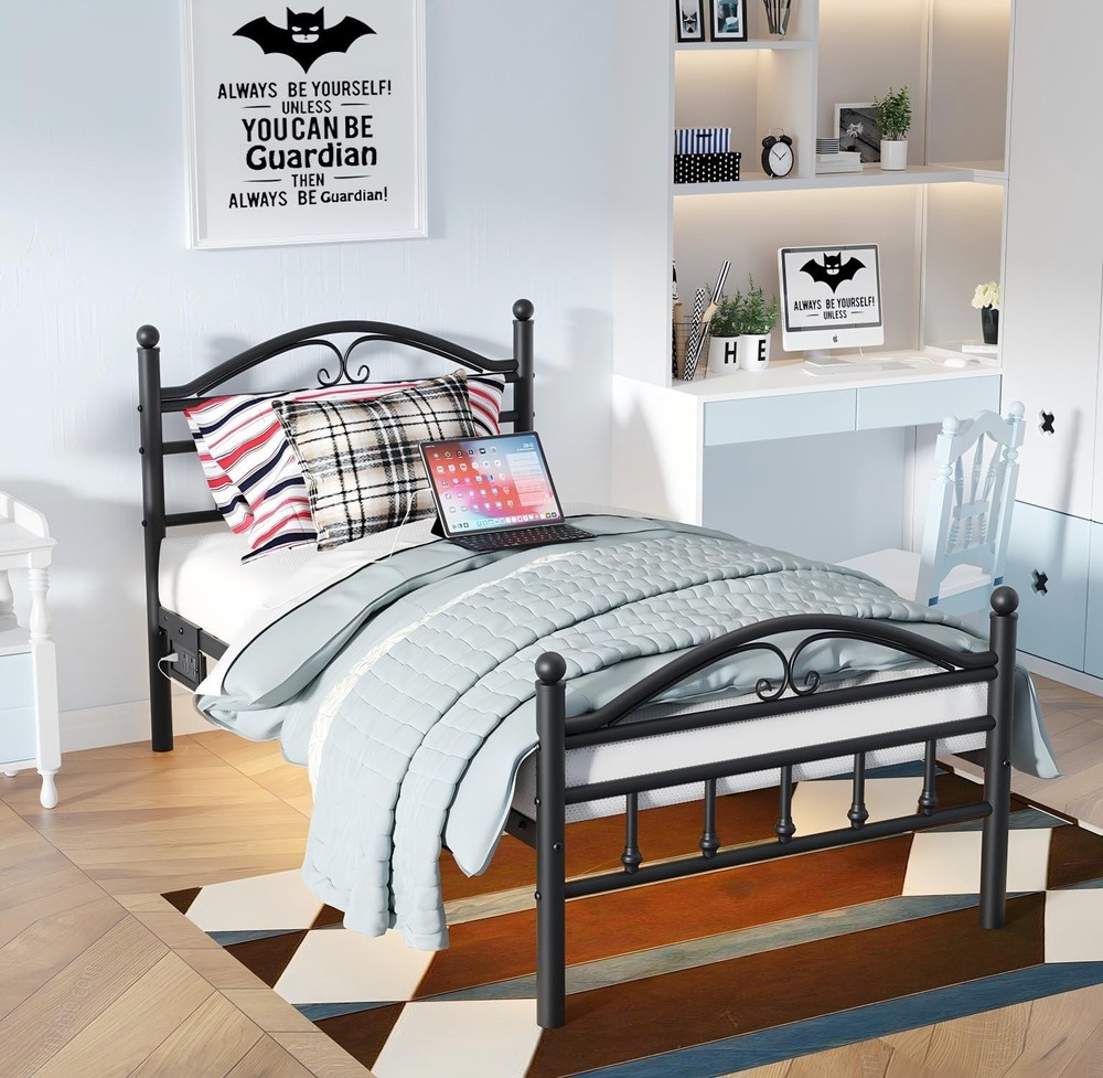 Twin Size Bed Frames with Charging Station,Black Metal Platform Bed Frame wit...