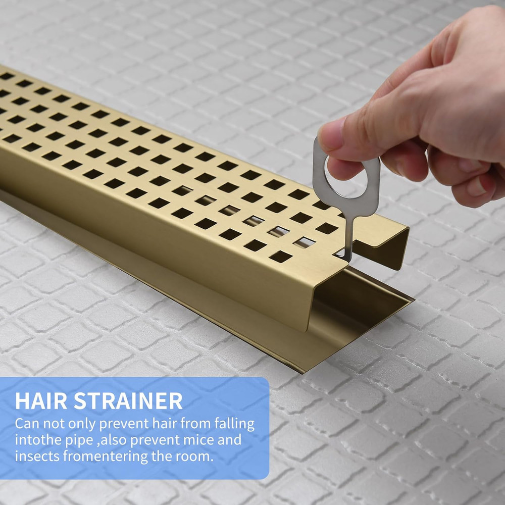24 Inch Linear Shower Drain - Brushed Gold 304 Stainless Steel Rectangular Floor