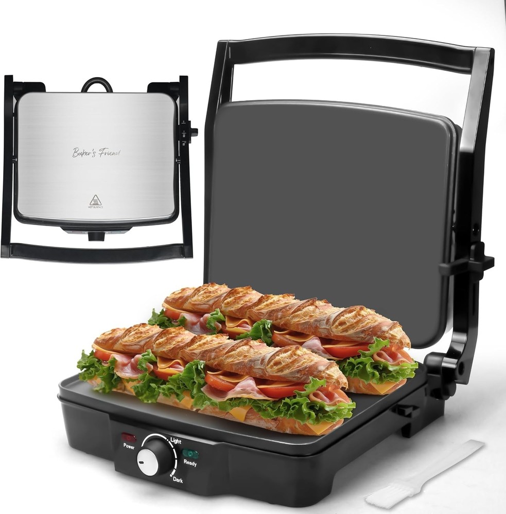 Electric Panini Press & Griddle, Non-Stick 4-Slice Sandwich Maker, Stainless Ste