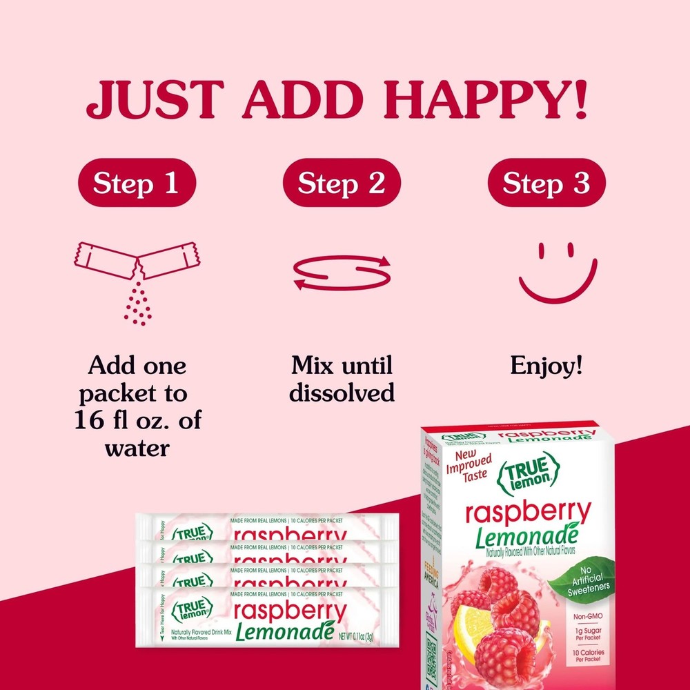 True Lemon Raspberry Lemonade Water Enhancer Drink Mix (30 Packets), Low