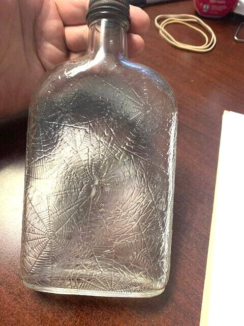 VINTAGE BOOTLEGGER SPIDER WEBB PINT BOTTLE SPIDER FLASK WITH CAP NO CHIPS