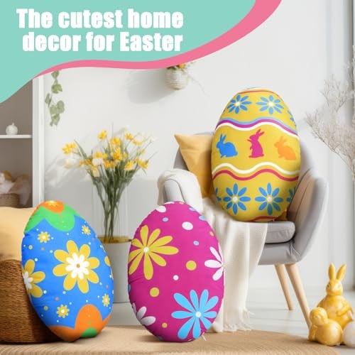 Thinkday 3 Pcs Easter Eggs Pillow Soft Plush Easter Eggs Shaped Pillow with PP