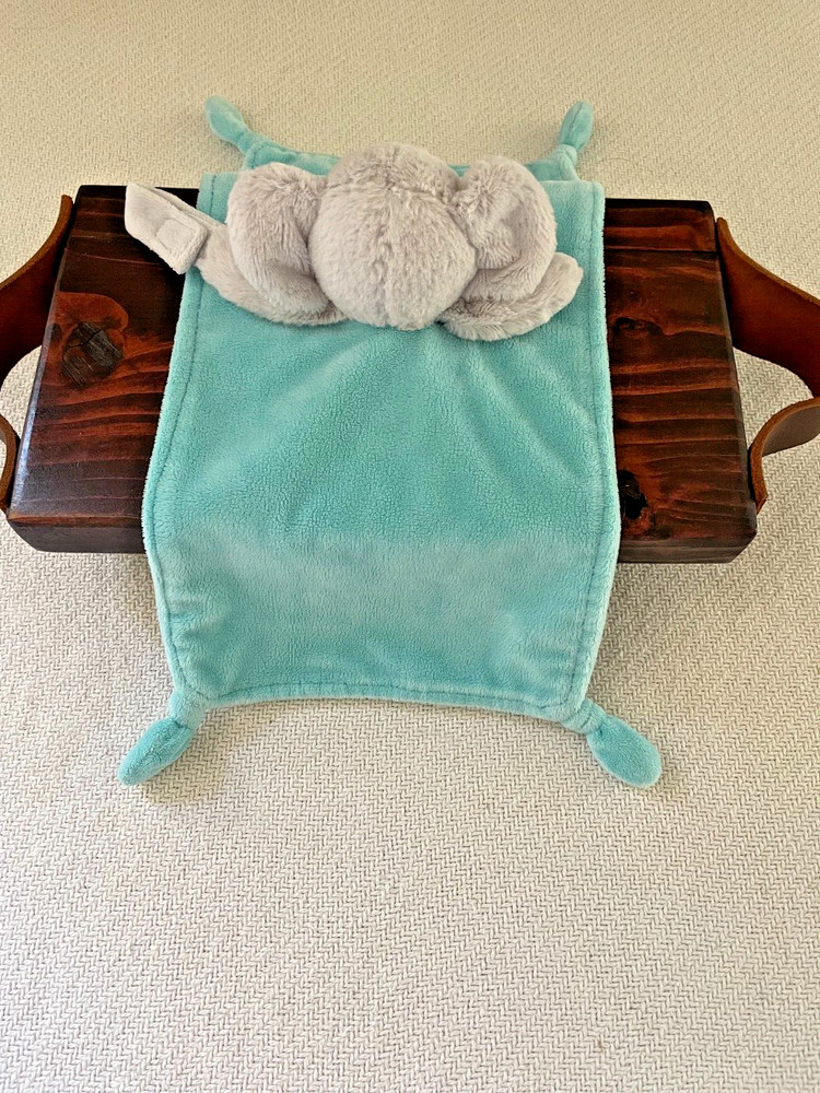 Carters Plush Elephant Lovey Security Blanket Rattle Blue Rectangle Knotted