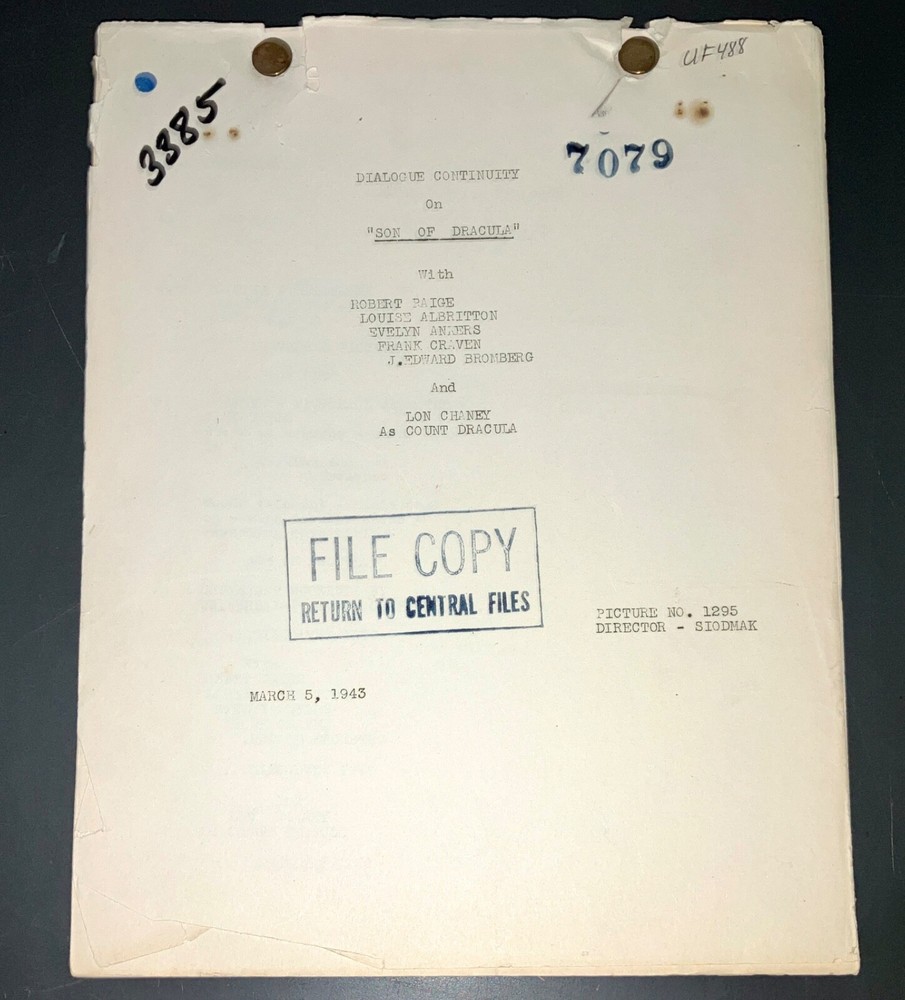 SON OF DRACULA (3/5/43) Rare Universal File Continuity Script + Trailer Script!!