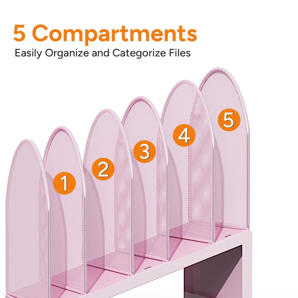5 Section Desk File Organizer Metal Mesh Folder Documents Mail Pink