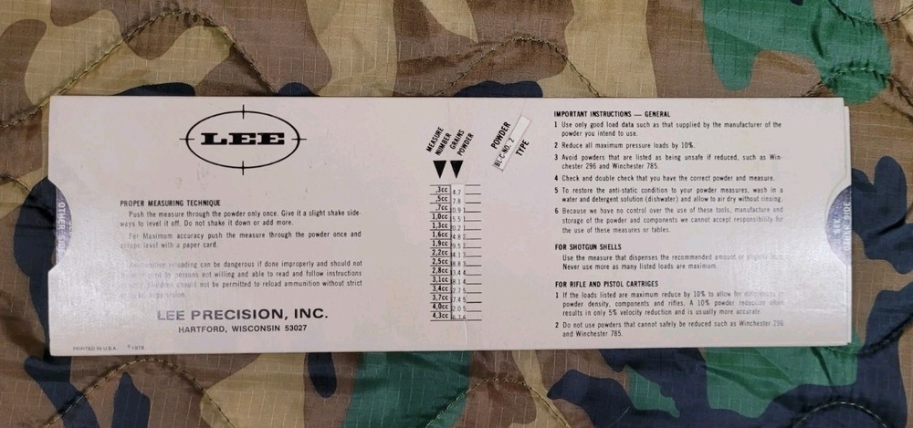 LEE PRECISION POWDER MEASURE KIT COMPLETE WITH LOAD DATA CARD