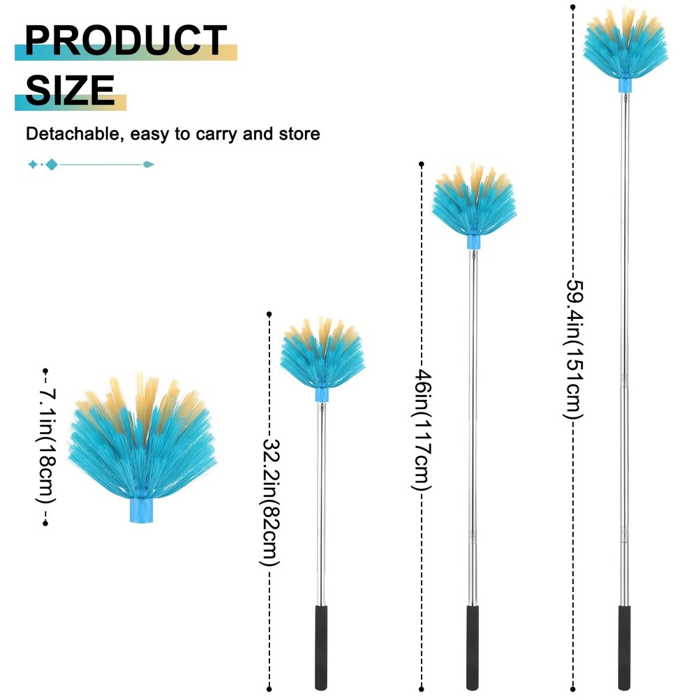 Cobweb Duster with Extension Pole，Medium Stiff Bristles Cobweb Duster Hea