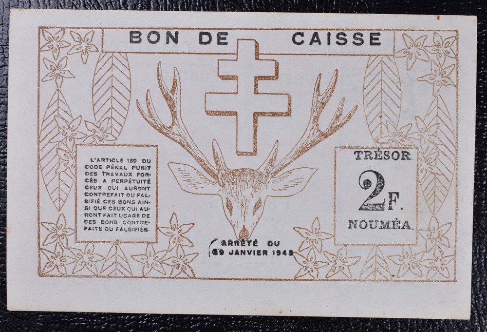 1943 New Caledonia 2 Francs Note