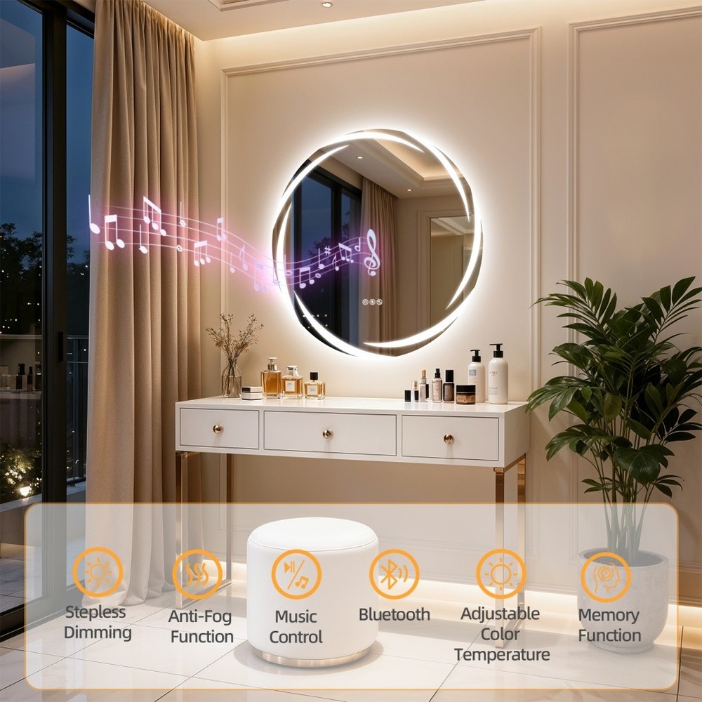 32" Smart LED Bathroom Mirror Wall-Mounted with Bluetooth Speaker Dimmable Round