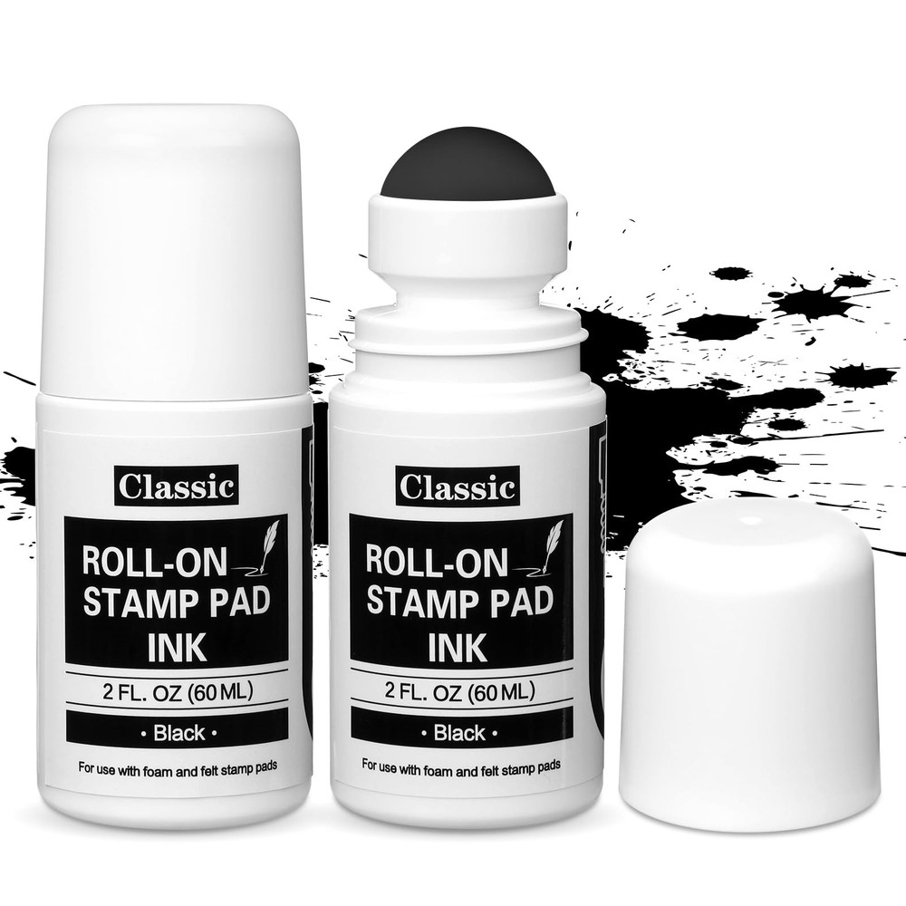 2 Pack Black Roll-on Stamp Pad Ink Refill 2 oz Roll-on Ink Refill Self Inking...