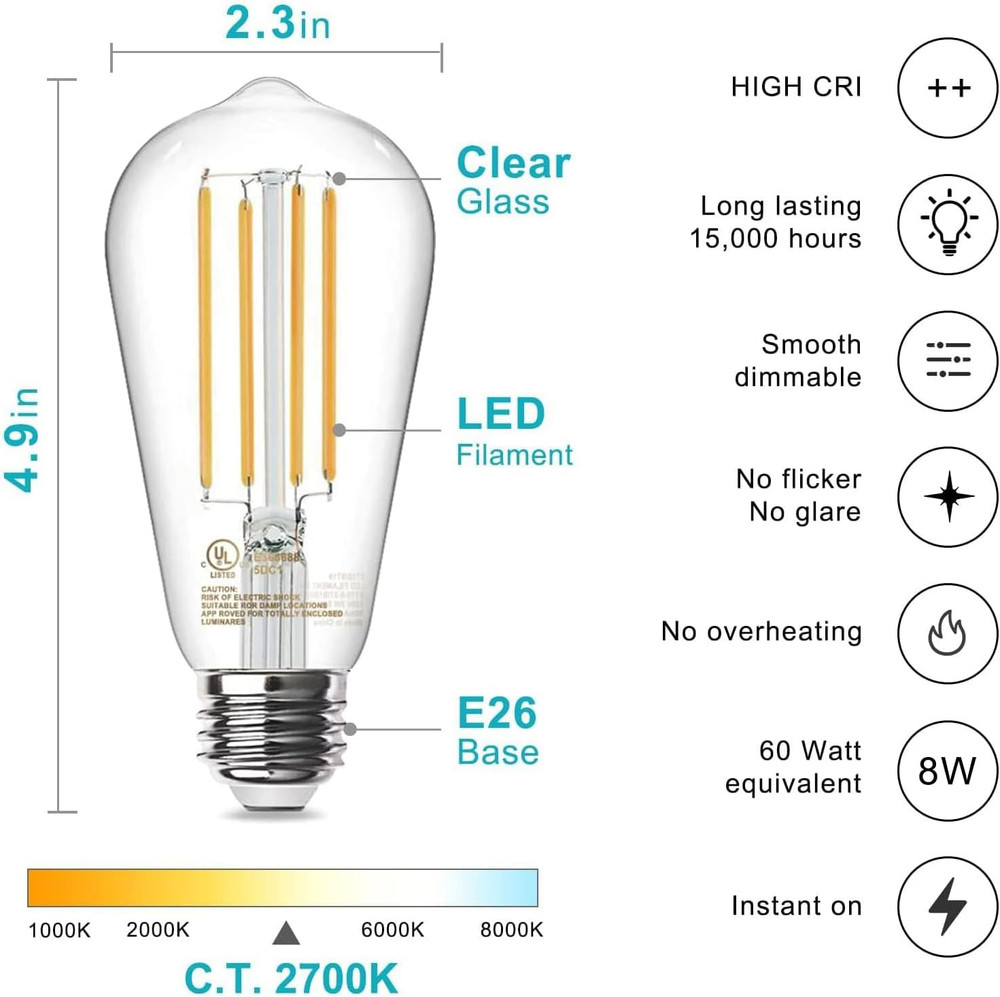 Edison Light Bulbs 60W Equivalent, Dimmable Vintage LED Light Bulbs, E26 Medium