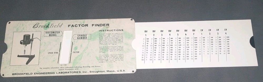 Vintage 1961 Brookfield RV & LV Viscometer Factor Finder Spindle Reference Card