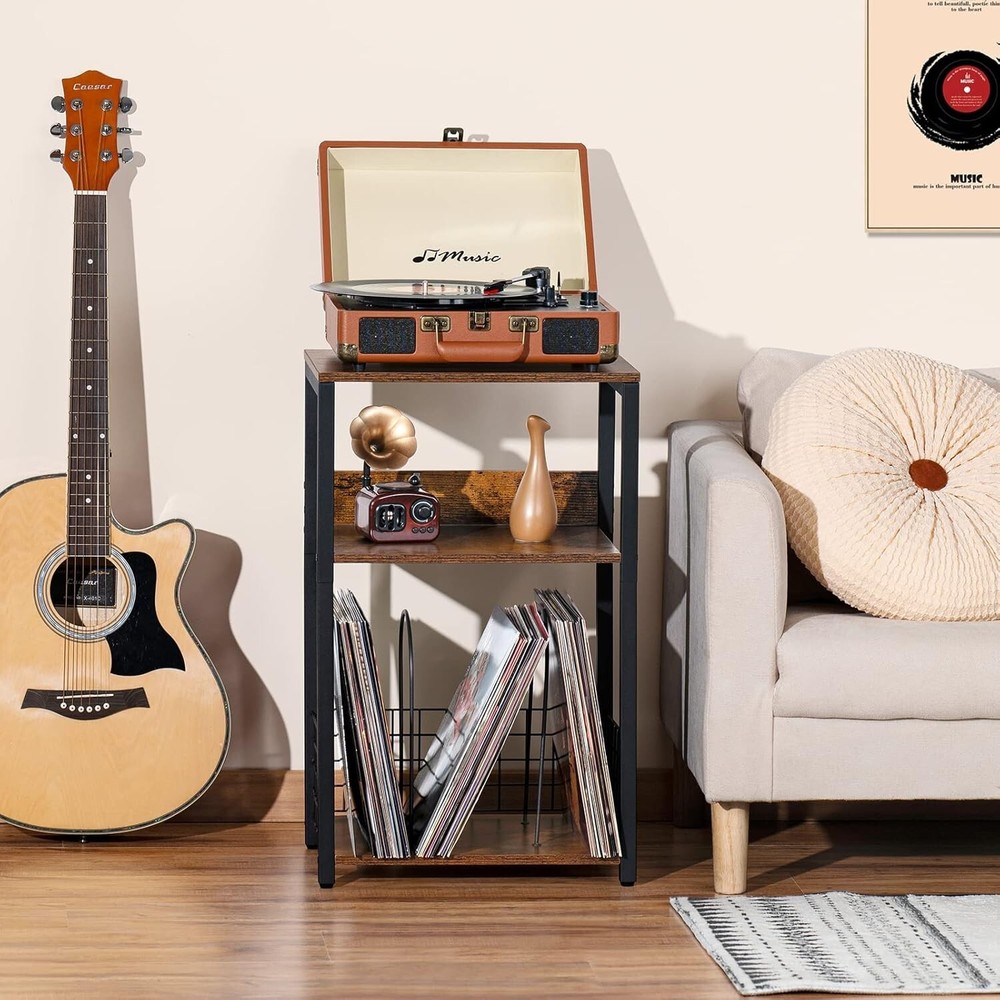 Compact 3-Tier End Table with Vinyl Storage - Stylish Design for Small Spaces