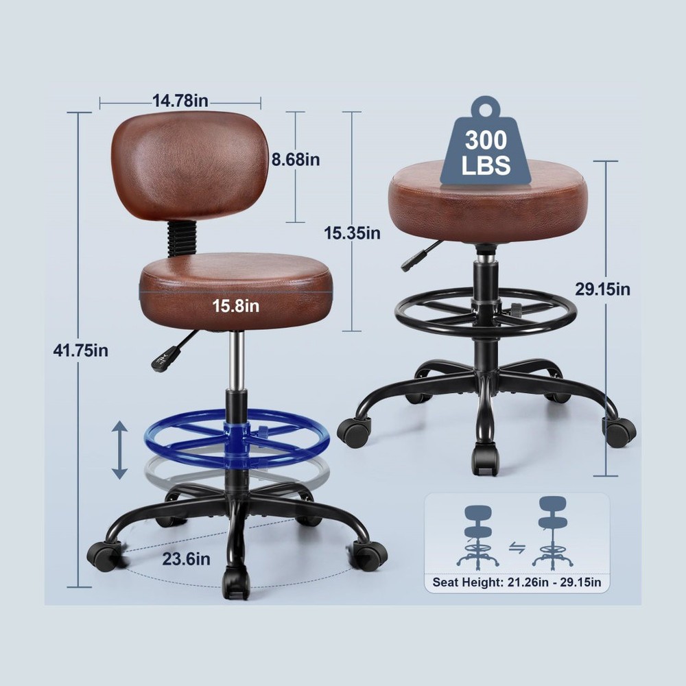 17 STORIES D16 ADJUSTABLE FOOT REST ROLLING STOOL WITH WHEELS - EMBER BROWN