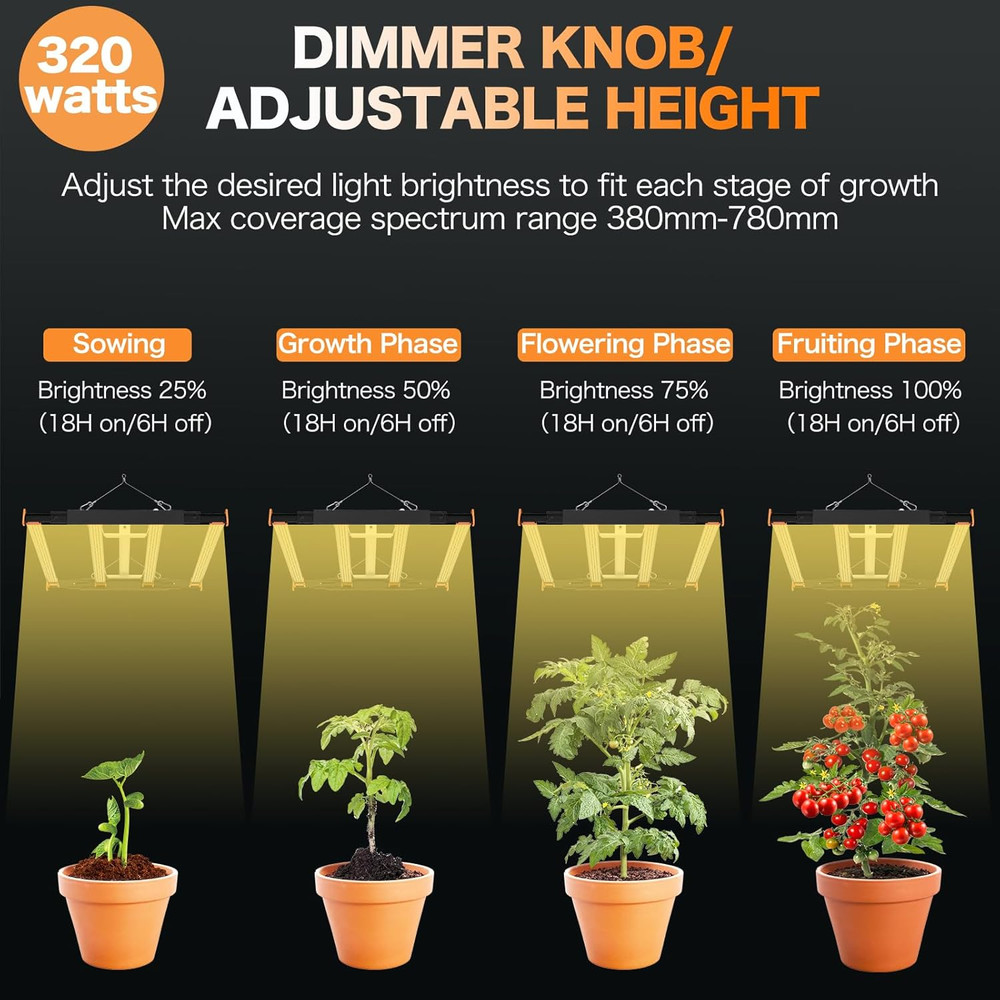 320W LED Grow Light, 3X3Ft Coverage Full Spectrum Daisy Chain Growing Light, Dim