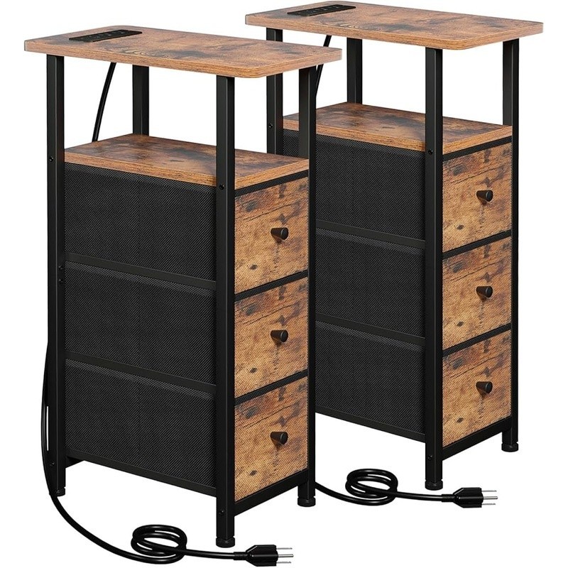 Compact End Table W/ USB Charging Station & Drawer Storage Small Spaces
