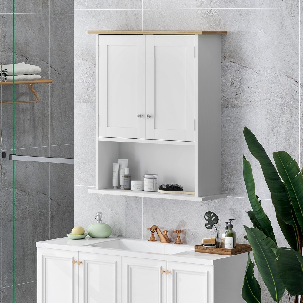 HOMCOM Modern Bathroom Wall Cabinet with 2 Doors, Adjustable Shelf, White