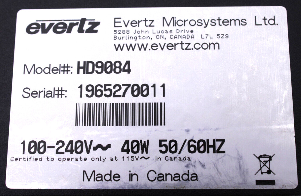 Evertz HD9084 HDTV Caption Encoder Power Tested