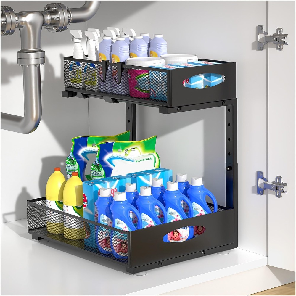 Housolution 1 Pack Large Under Sink Organizer, 2 Tier Metal Pull Out Under Si...