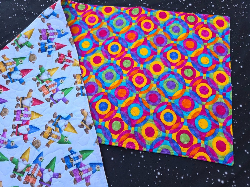 Handmade Quilted Table Runner Gnomes flowers summer rainbow reversible