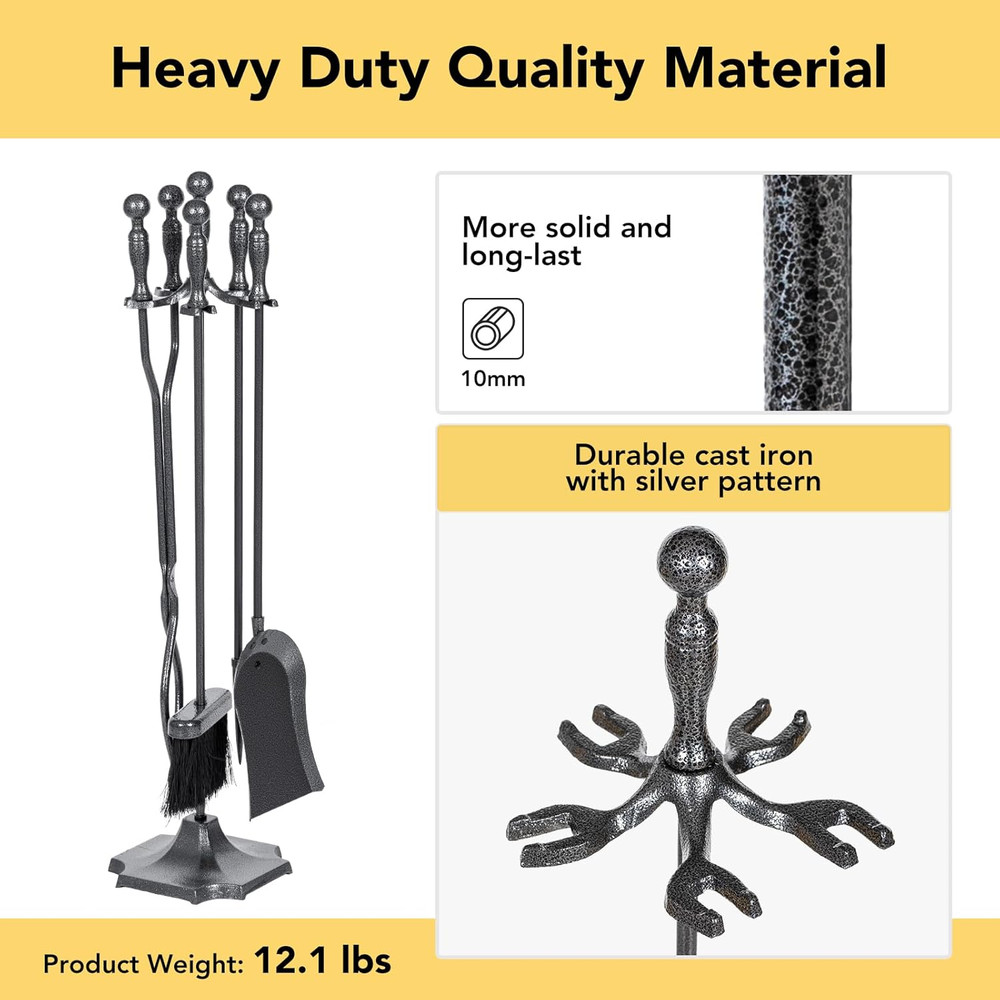 5 Pieces Fireplace Tools Set, Wrought Iron with Silver Pattern Fireplace Accesso