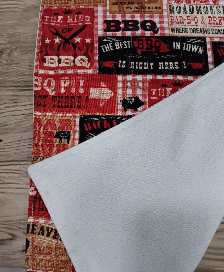 Handmade Reversible Table Runner BBQ Print and Solid Creamy White Choose Size