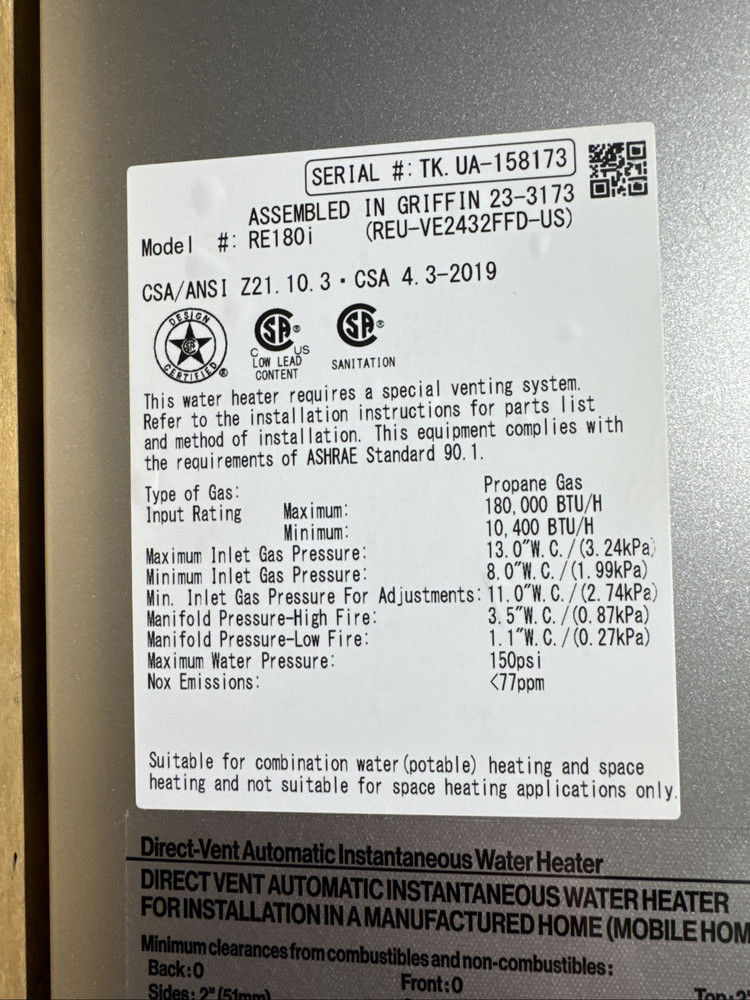 Rinnai RE180iP Indoor Tankless Water Heater 180k BTU Propane Gas (B-2 #1817)