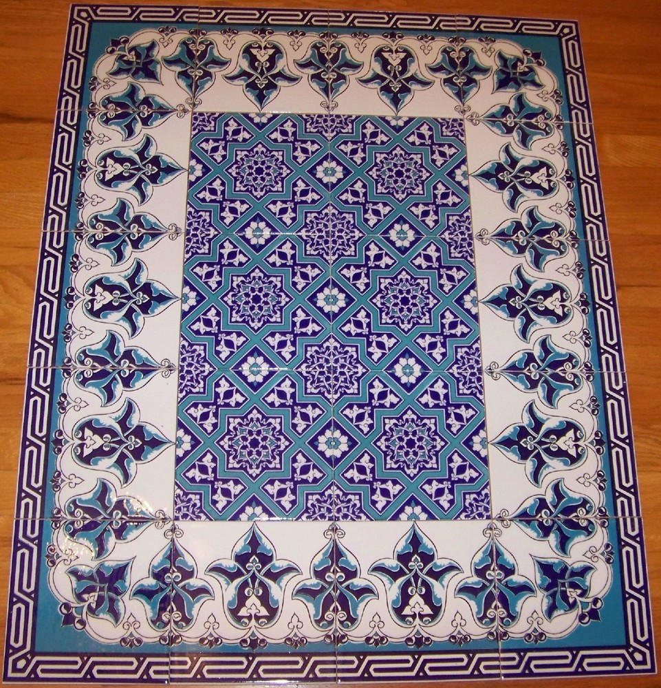 Blue & White Iznik Floral Pattern Border 40"x32" Ceramic Tile Panel Mural