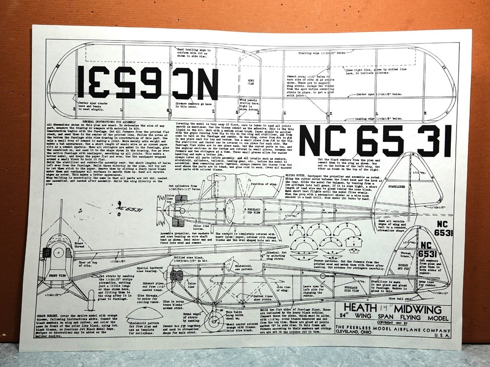 HEATH MIDWING BALSA FREE FLIGHT MODEL AIRPLANE PLANS 14" WINGSPAN