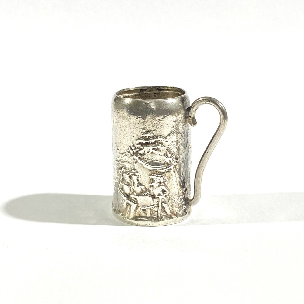 vintage heavy solid silver beer mug miniature with ancient scenes,  hallmarked