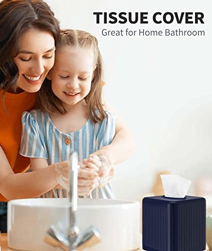 Tissue Box Cover with Base, Square Plastic Tissue Box Holder Navy Blue