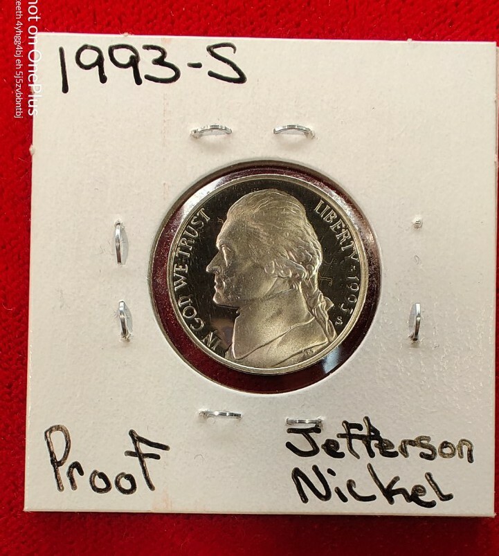 1993 S, Jefferson Five Cent Pieces, Gem Deep Cameo Proof Nickel