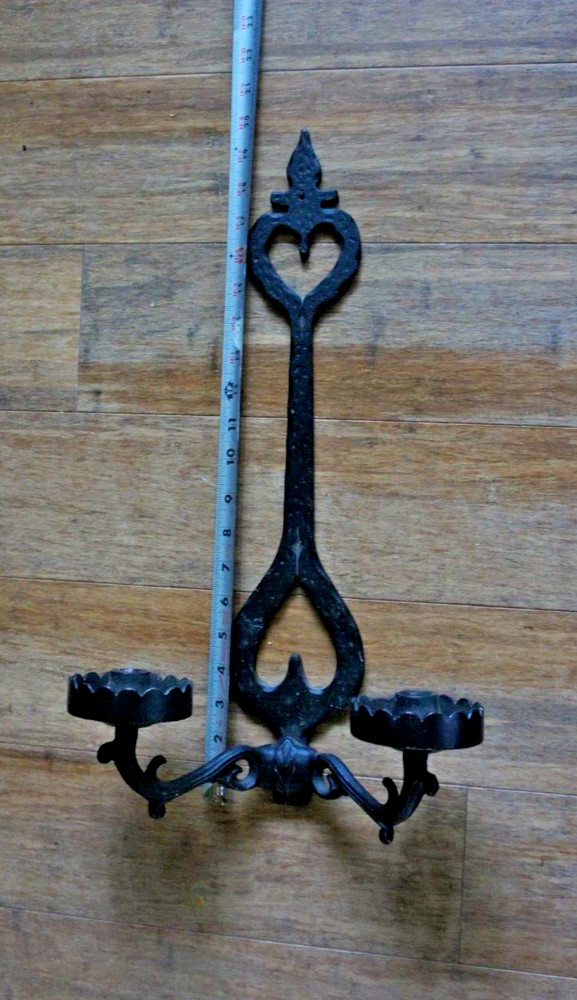 ROBERT EMIG Black Cast Iron Double Candle 20" Wall Scone GOTHIC KEYHOLE