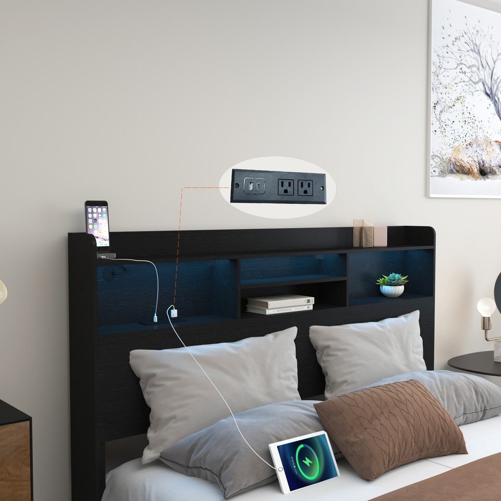 Full/Queen Size Platform Bed Frame w/ LED Lights & Storage Headboard & 4 Drawers