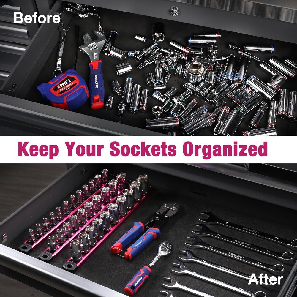 WORKPRO 3/8" Dr Heavy Duty Magnetic Socket Organizer Socket Holder Rack 10 Clips