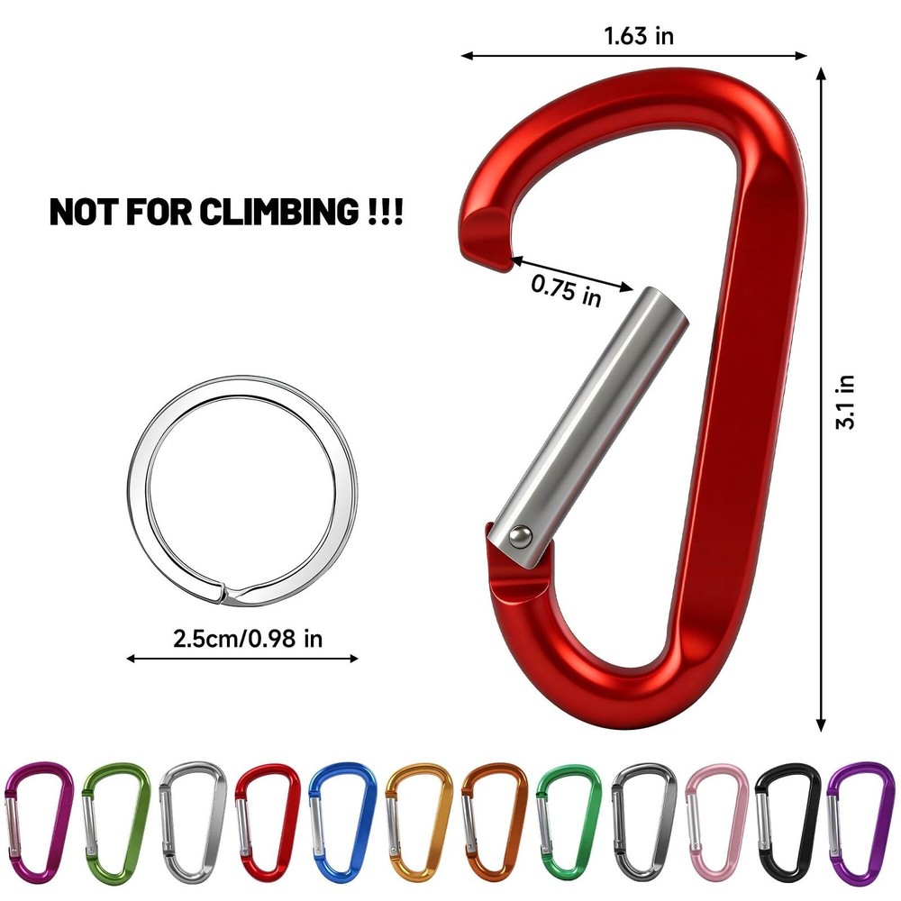 12-Pack 3in Aluminum Carabiner Key Clips D-Ring Nonlocking Spring Snap Backpack