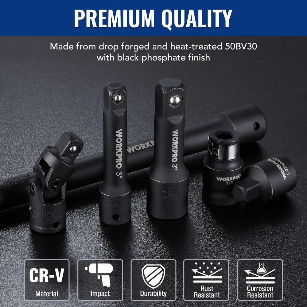 WORKPRO 18PCS 1/4", 3/8" & 1/2" DR Impact Socket Set Drive Tool Accessory Set US