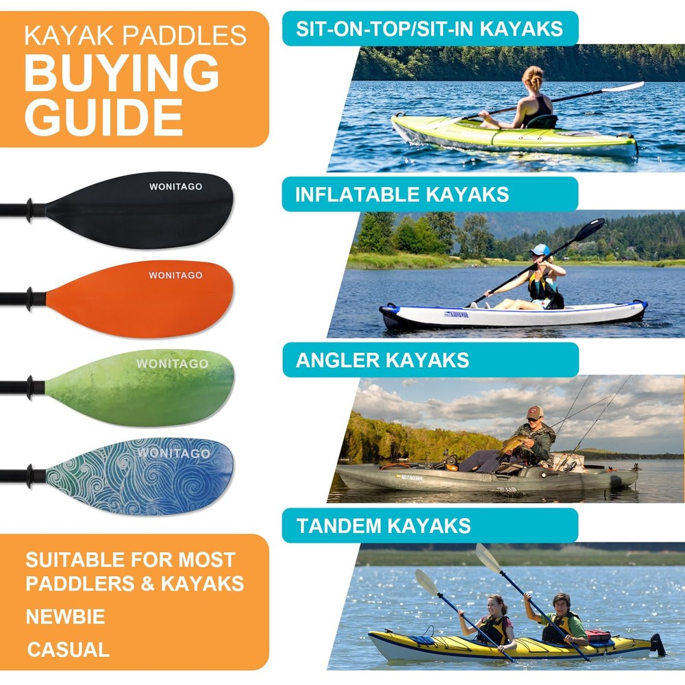 WONITAGO Kayak Paddle, Adjustable 230-250cm, Alloy Shaft, PP Blade, Floating