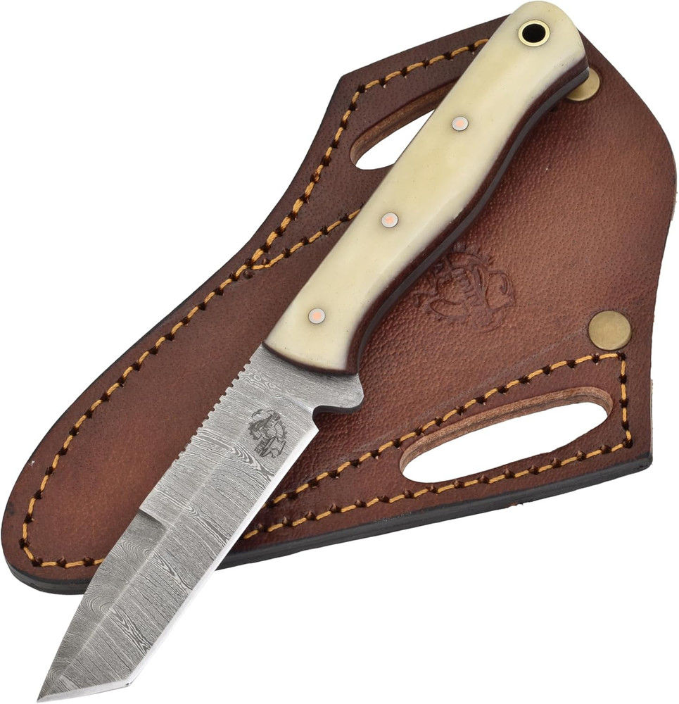 EDC Fixed Blade Knife - Carbon Steel Damascus - Excellent Edge Retention - Bone