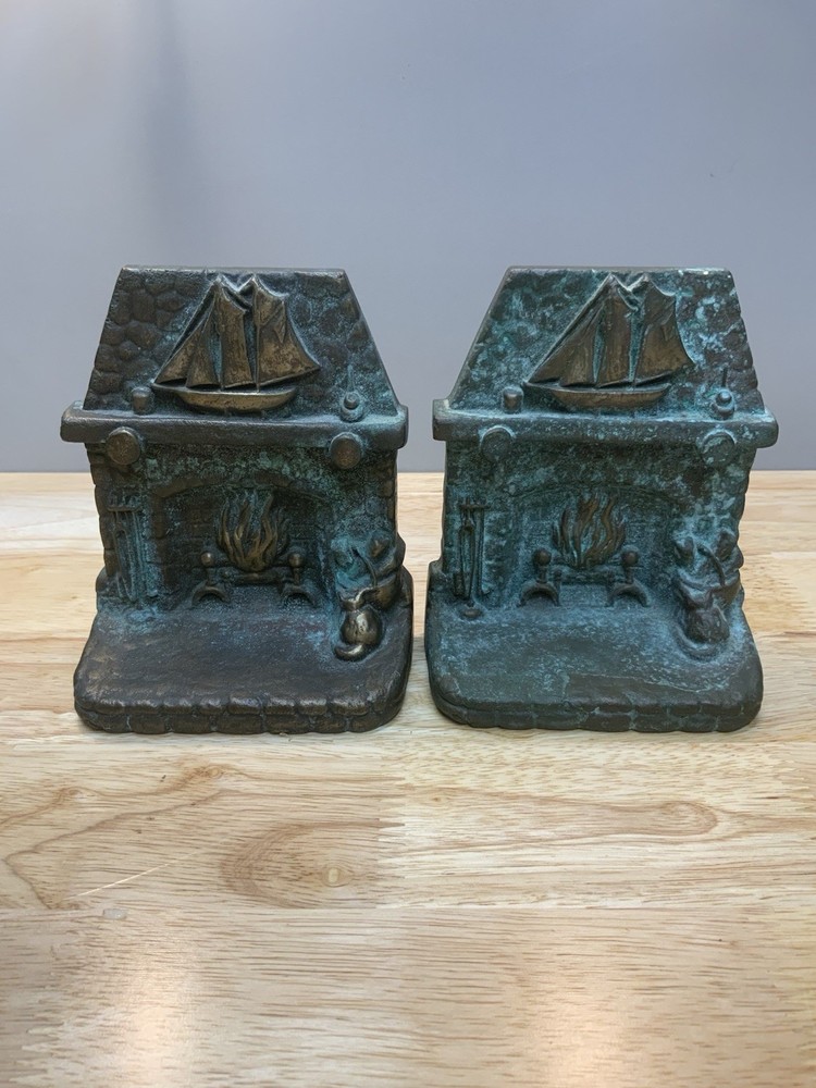 Brass Rustic Blazing Fireplace Solid Brass With Ship On Mantel Bookends