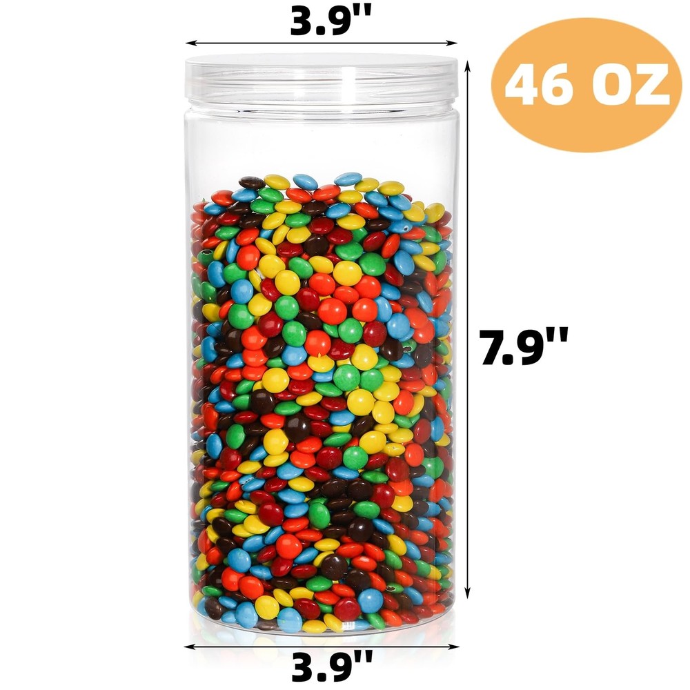 8 Pack Clear Plastic Jars with Lid, 46 OZ Round Candy Storage Jars, Empty Lar...
