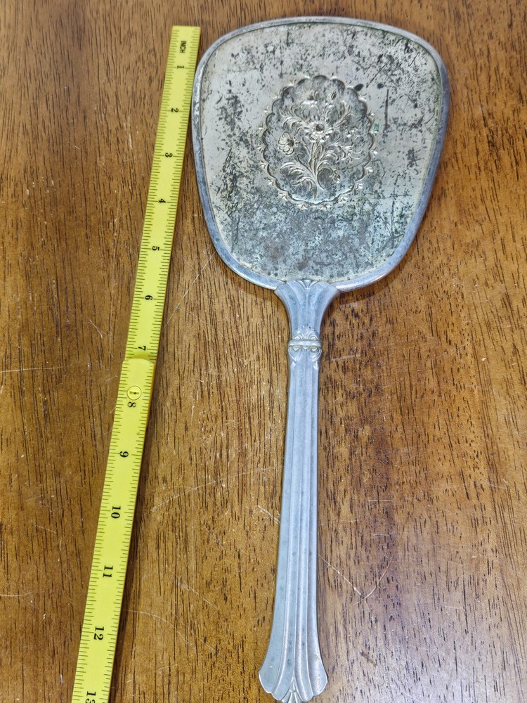 Vintage Hand Held Vanity Mirror Silver Flower Design 13”