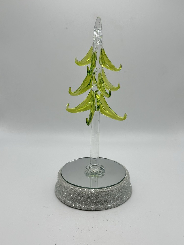 Blown Glass 7” Pine Tree With Battery Operated Multicolor Light Up Mirrored Base