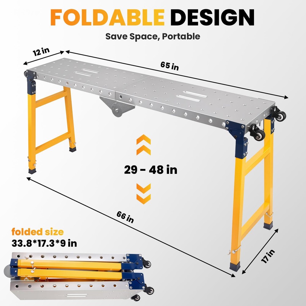 1100LBS Portable Folding Welding Table 65"x12" Adjustable Height Work Platform