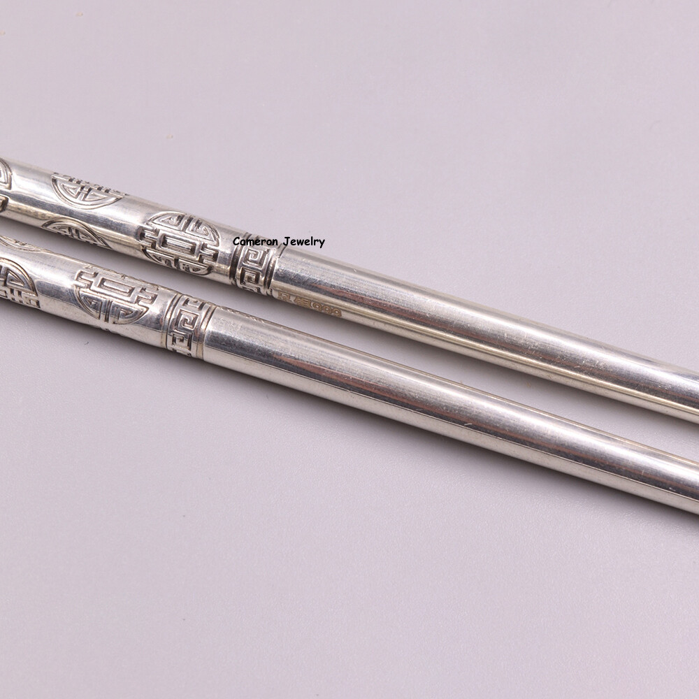 Solid S999 Fine Silver Healthy Tableware Longevity Chopsticks 41-42g 8.3inch L