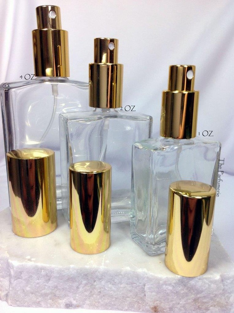 Luxury Perfume Bottles, Refillable Spray Atomizers 1, 2 and 4 oz. - Flat Shape