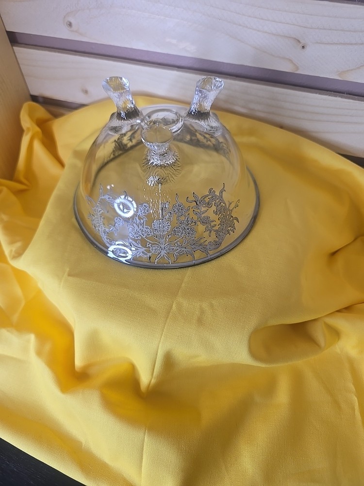 Silver Edged Glass Inlay Three Footed Dish Bowl