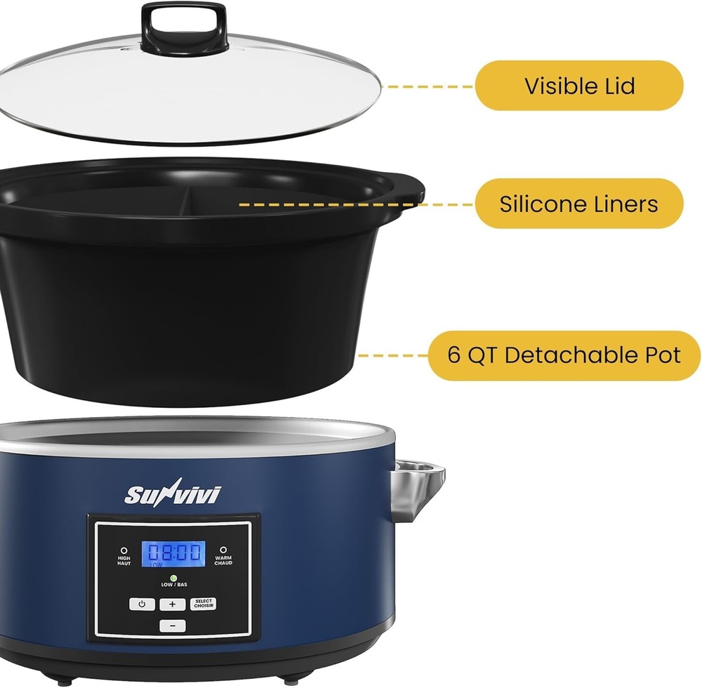 6 Quart Programmable Slow Cooker with 2 in 1 Silicone Liners, Multi-Cooker Fo...