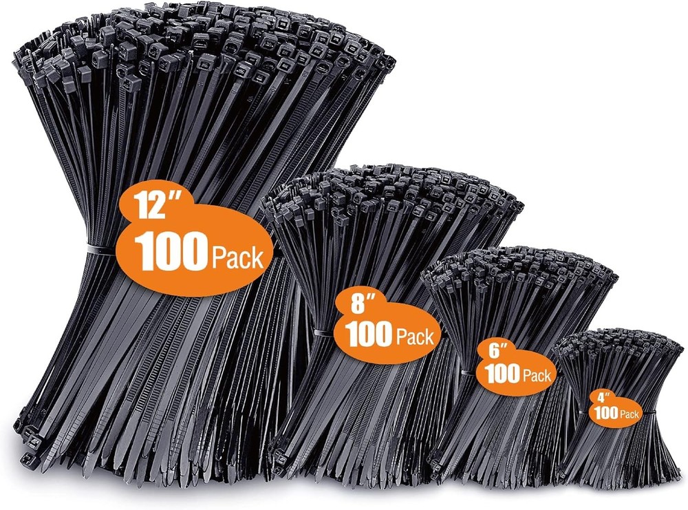 Zip Ties Assorted Sizes(4”+6”+8”+12”), 400 Pack, 4+6+8+12 (400 Pack), Black